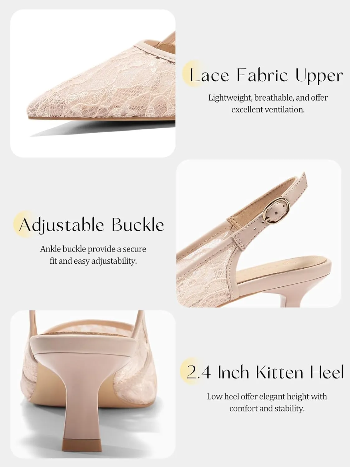 Coutgo Women's Slingback Kitten Low Heels Mesh Pumps Closed Pointed Toe Wedding Work Dress Shoes