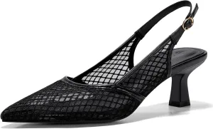Coutgo Women's Slingback Kitten Low Heels Mesh Pumps Closed Pointed Toe Wedding Work Dress Shoes