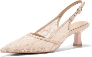 Coutgo Women's Slingback Kitten Low Heels Mesh Pumps Closed Pointed Toe Wedding Work Dress Shoes