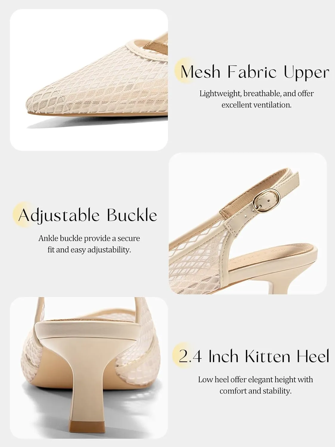 Coutgo Women's Slingback Kitten Low Heels Mesh Pumps Closed Pointed Toe Wedding Work Dress Shoes