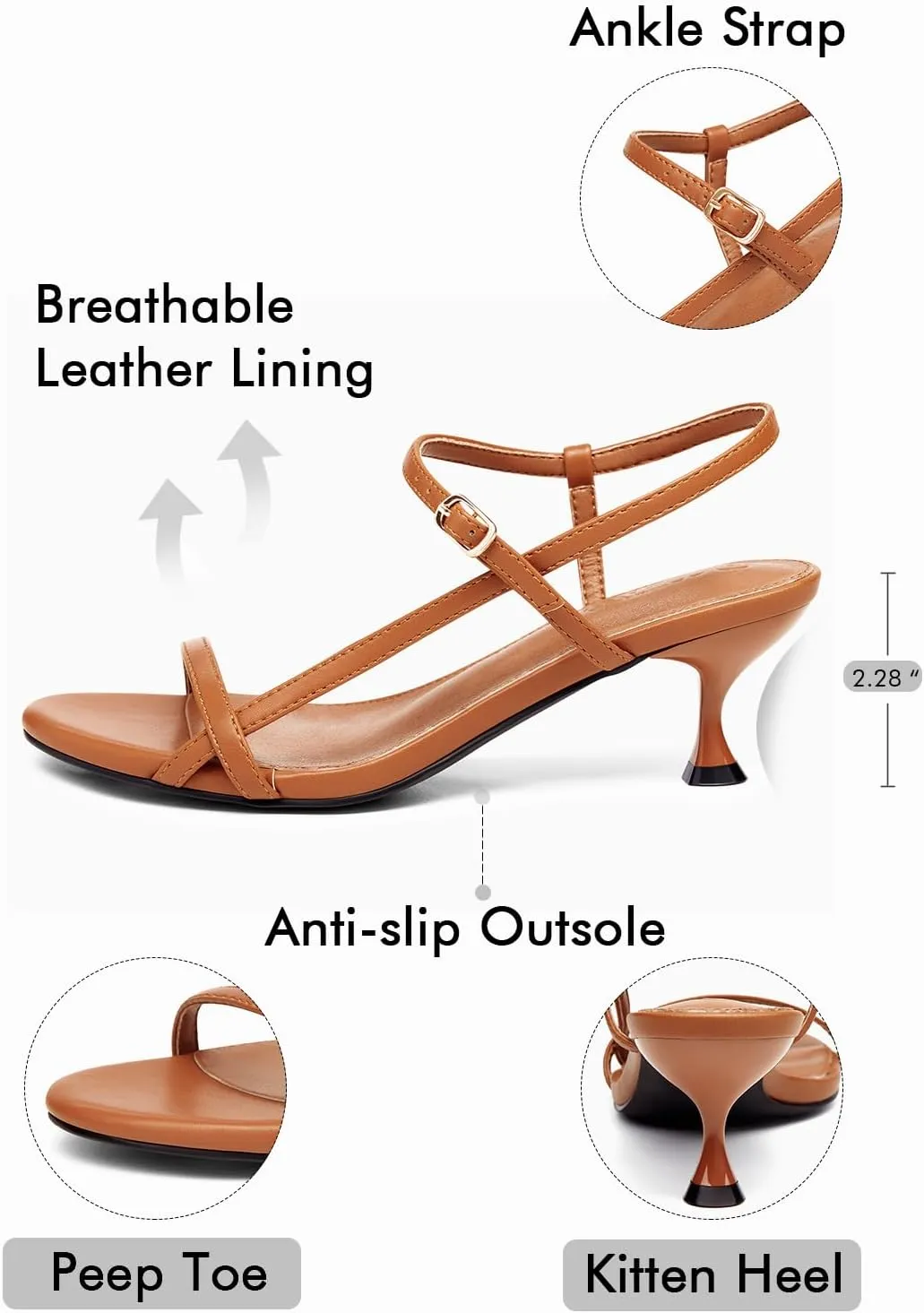 Coutgo Womens Strappy Heeled Sandals Kitten Low Heel Open Toe Ankle Strap Party Wedding Dress Shoes