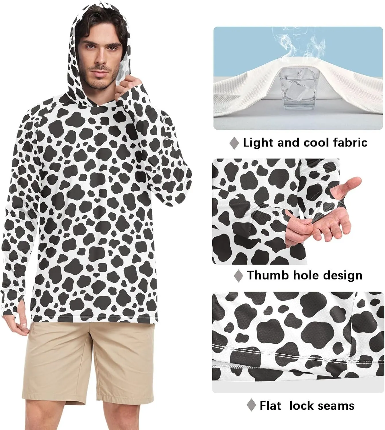 Cow Printed Mens Sun Protection Hoodie Long Sleeve UPF 50   Sun Shirt with Hood Sun Hoodies Rash Guard Men UV