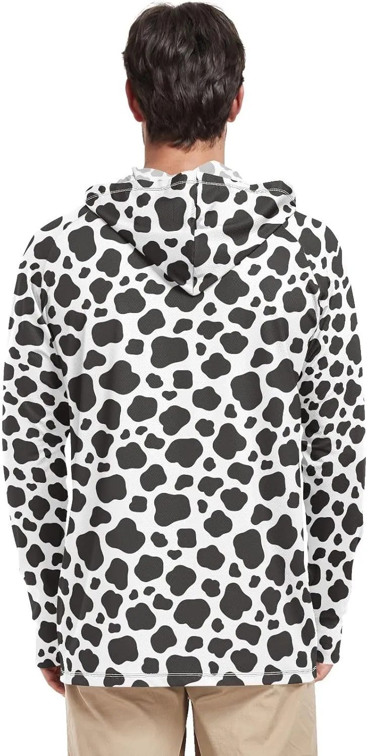 Cow Printed Mens Sun Protection Hoodie Long Sleeve UPF 50   Sun Shirt with Hood Sun Hoodies Rash Guard Men UV