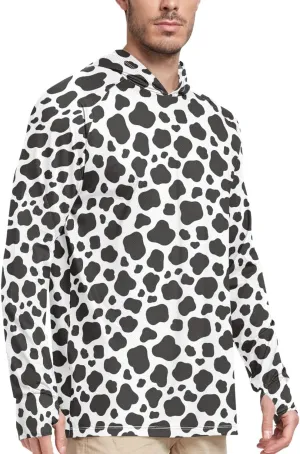 Cow Printed Mens Sun Protection Hoodie Long Sleeve UPF 50   Sun Shirt with Hood Sun Hoodies Rash Guard Men UV