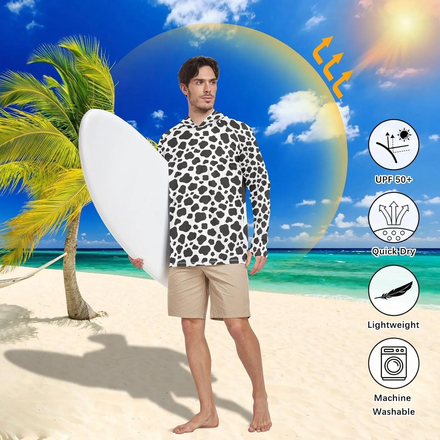 Cow Printed Mens Sun Protection Hoodie Long Sleeve UPF 50   Sun Shirt with Hood Sun Hoodies Rash Guard Men UV