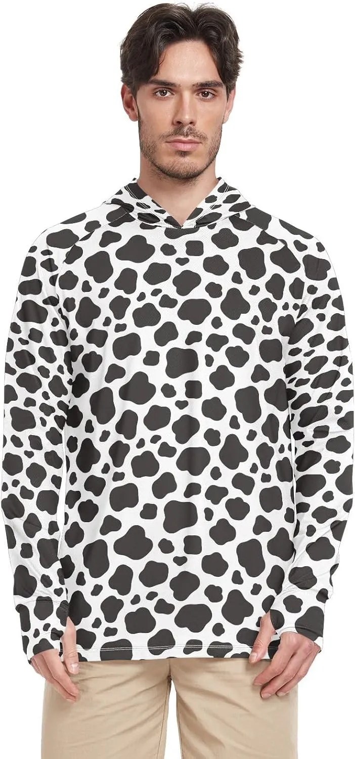 Cow Printed Mens Sun Protection Hoodie Long Sleeve UPF 50   Sun Shirt with Hood Sun Hoodies Rash Guard Men UV