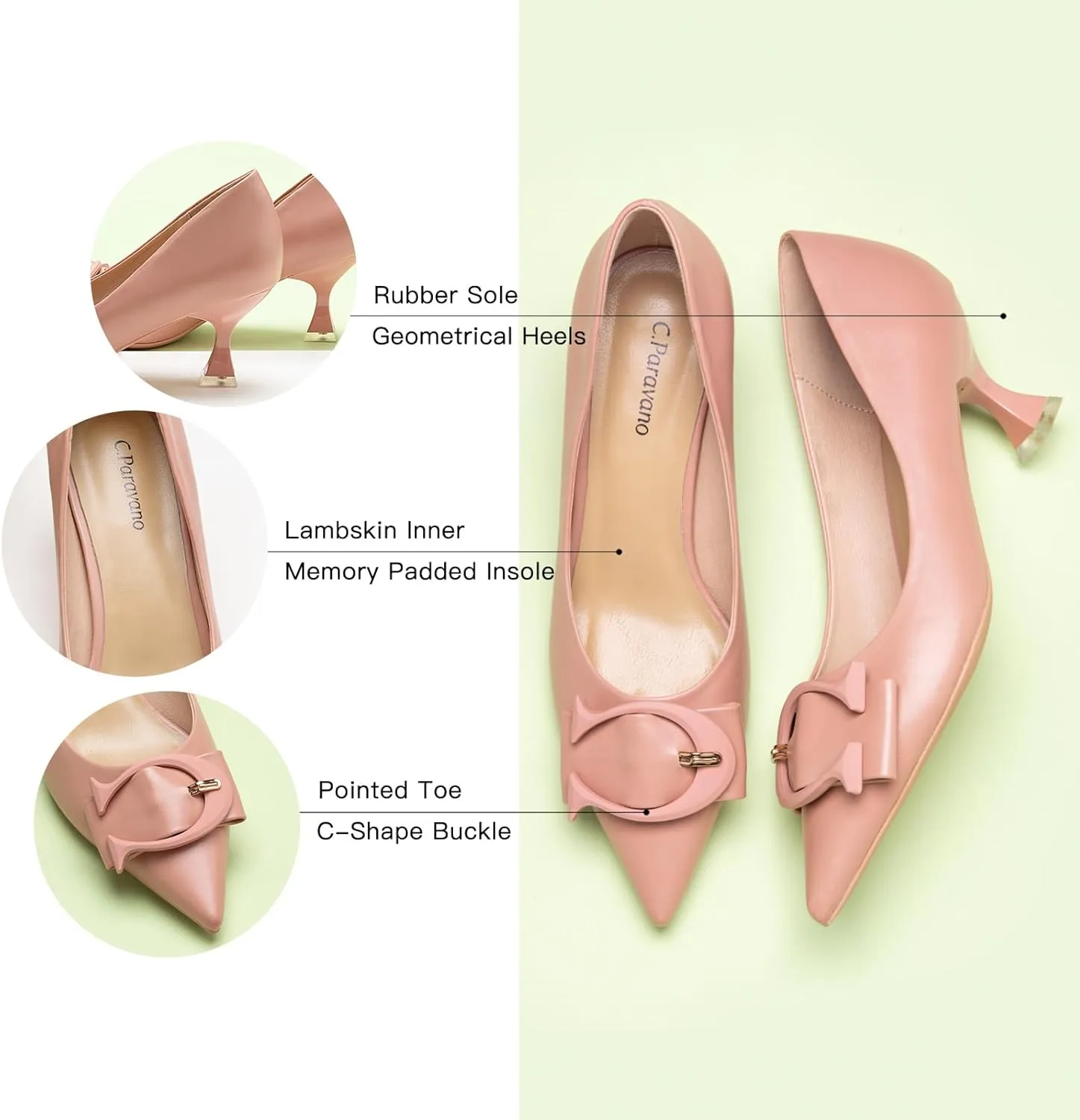 C.Paravano Women's Pumps | Low Heel Designer Shoes | Kitten Heels Womens Short Heels | Leather Pumps