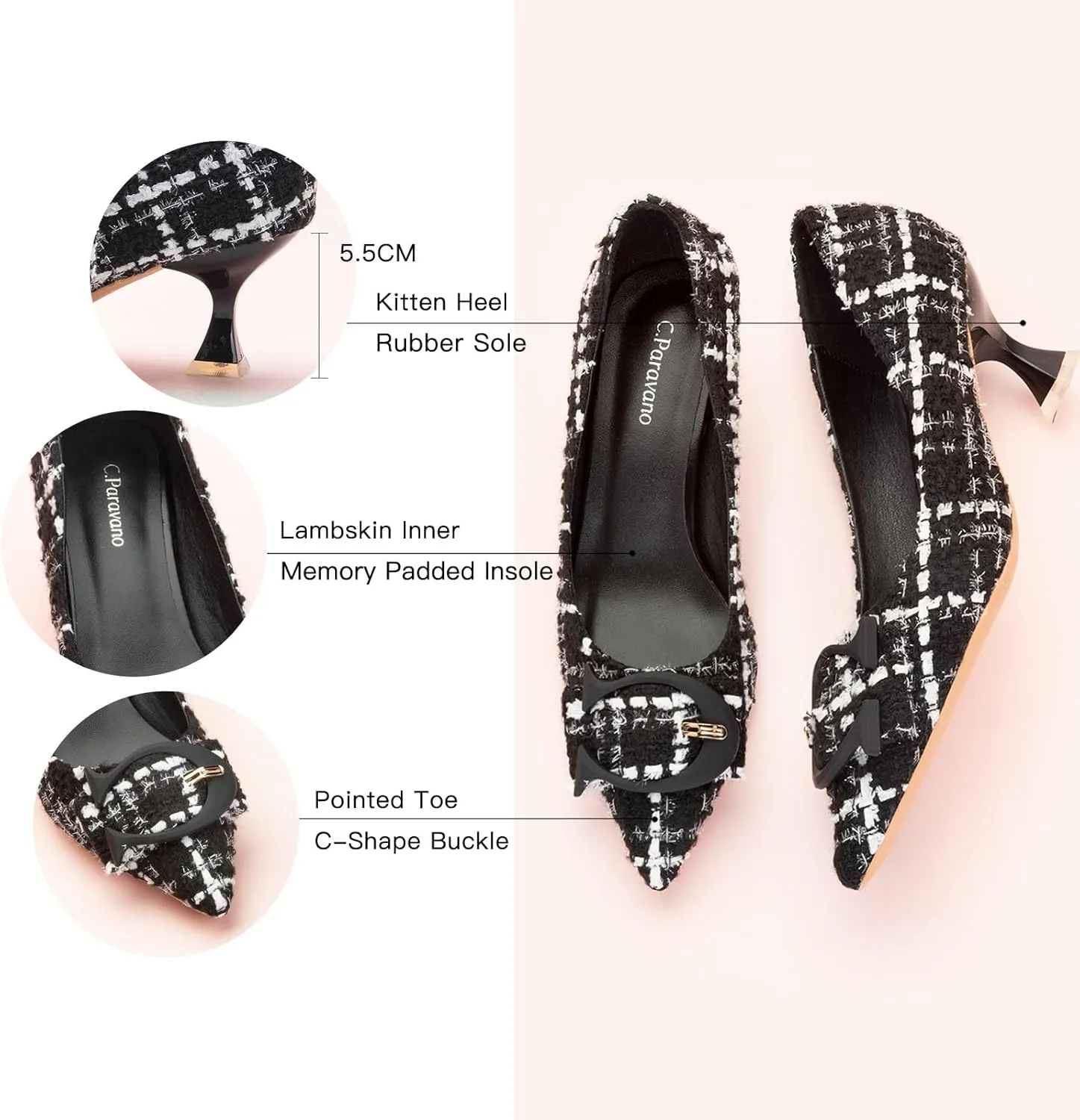 C.Paravano Women's Pumps | Low Heel Designer Shoes | Kitten Heels Womens Short Heels | Leather Pumps