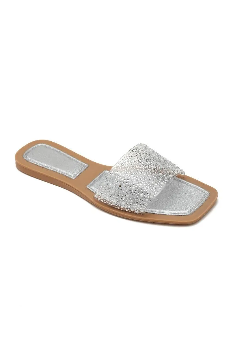 CRYSTAL PERSPEX DIAMANTES FLATS SLIP ON SANDALS IN SILVER