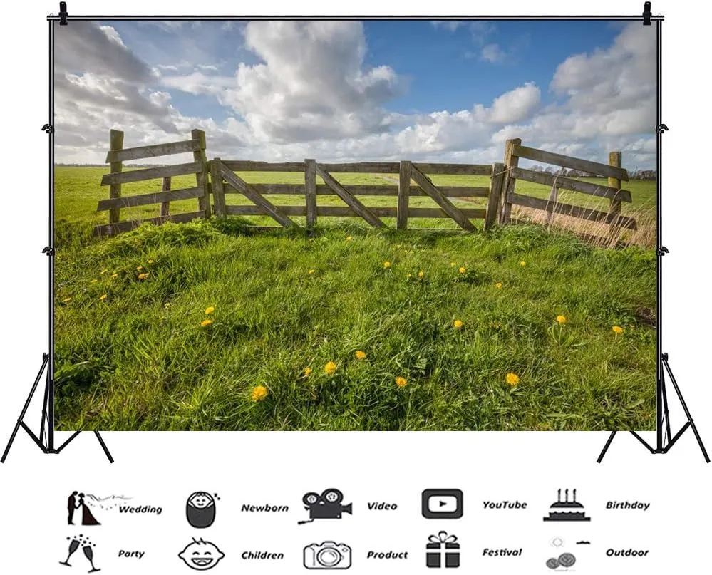 CSFOTO 8x6.5ft Spring Scenery Backdrop Prairie Photography Background Blue Sky White Clouds Outdoor Natural Landscape Field Travel Vacation Portrait Photo Studio Video Props Wallpaper