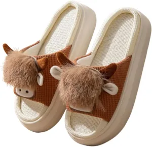 Cute Animal Bull Men Women Linen House Slippers, Memory Foam Non-slip Soft Home Shoes Open Toe Outdoor Beach Sandals for Bedroom Living Room Indoor