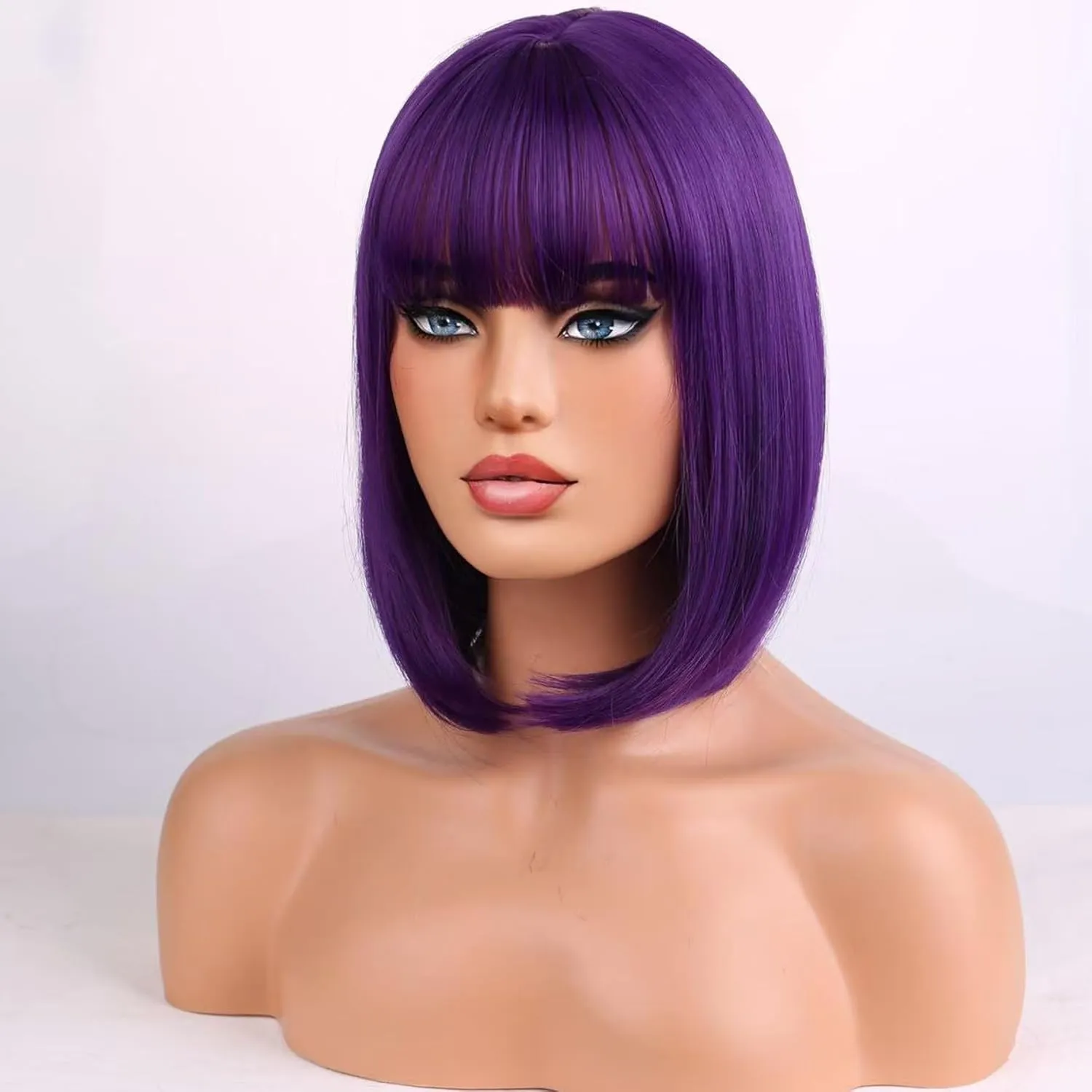 Dark Purple Wigs for Women Girls Short Purple Bob Wig Short Straight With Flat Bangs Heat Resistant Synthetic Wigs for Cosplay Costume Party