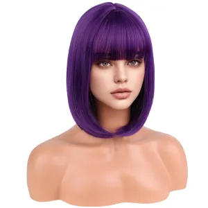 Dark Purple Wigs for Women Girls Short Purple Bob Wig Short Straight With Flat Bangs Heat Resistant Synthetic Wigs for Cosplay Costume Party