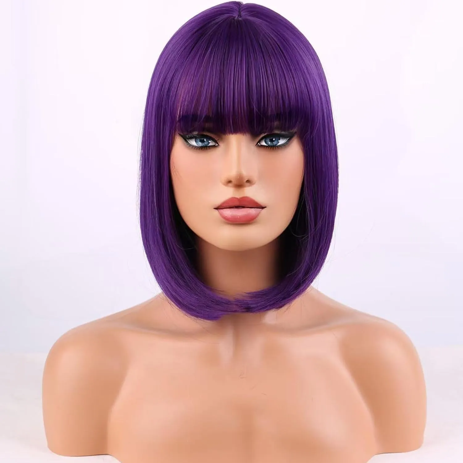 Dark Purple Wigs for Women Girls Short Purple Bob Wig Short Straight With Flat Bangs Heat Resistant Synthetic Wigs for Cosplay Costume Party