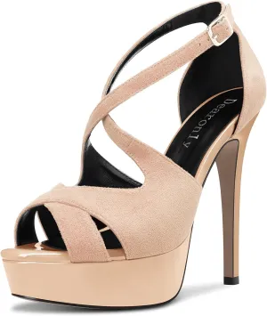 DearOnly Women Platform Stiletto High Heel Peep Open Toe Pumps Cross-Strap Ankle Strap Wedding Cute Shoes