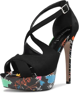 DearOnly Women Platform Stiletto High Heel Peep Open Toe Pumps Cross-Strap Ankle Strap Wedding Cute Shoes