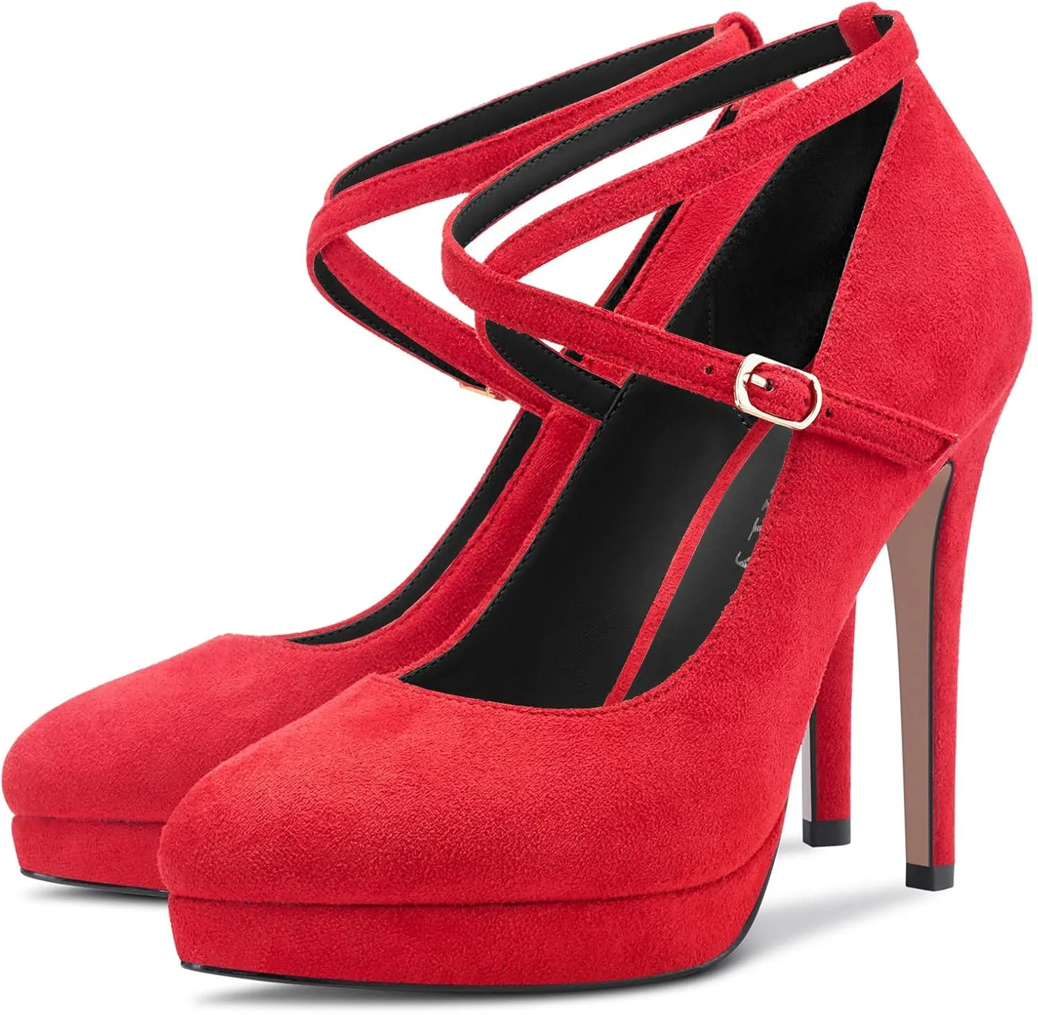 DearOnly Womens Platform Heel Pumps Closed Toe Ankle Strap Stiletto High Heel Suede Bridal Wedding Dress Shoes 5 Inch