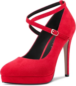 DearOnly Womens Platform Heel Pumps Closed Toe Ankle Strap Stiletto High Heel Suede Bridal Wedding Dress Shoes 5 Inch