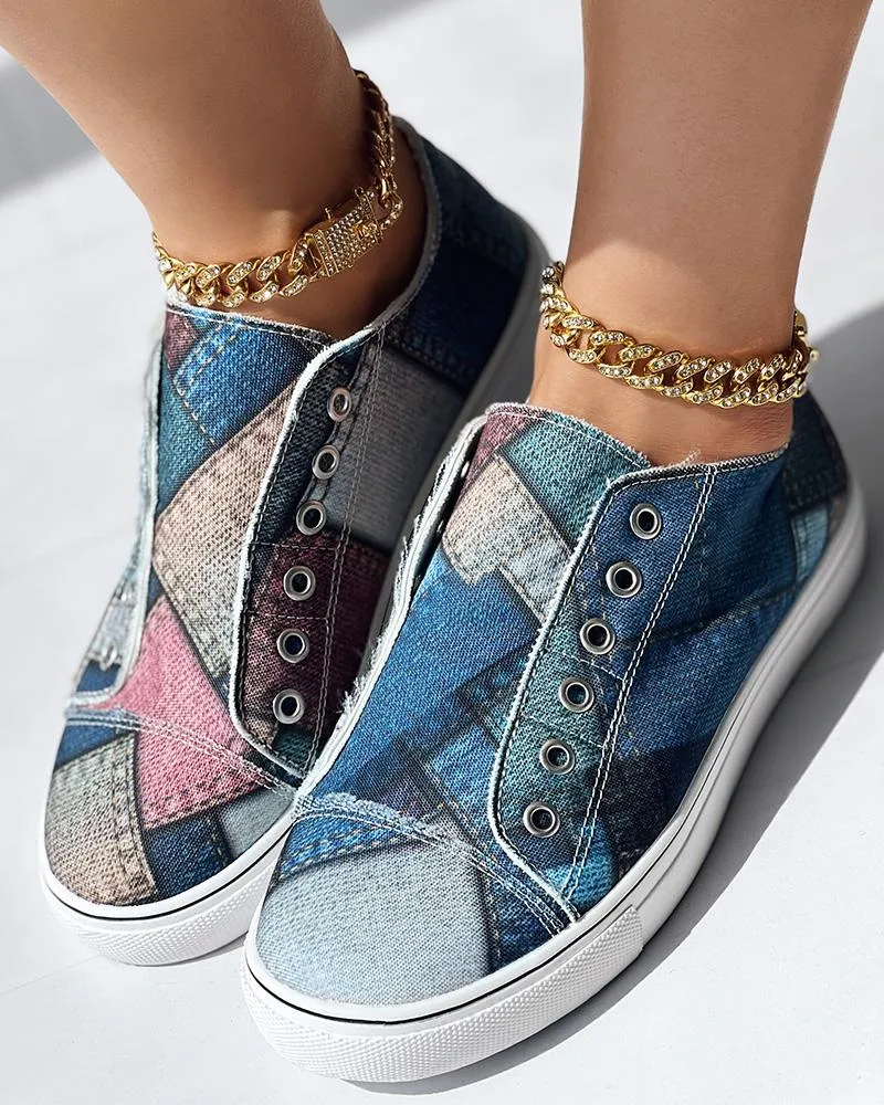 Denim Look Print Eyelet Slip on Sneakers