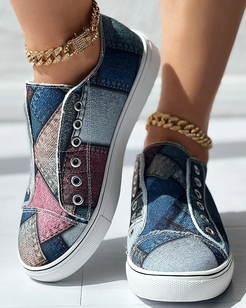 Denim Look Print Eyelet Slip on Sneakers
