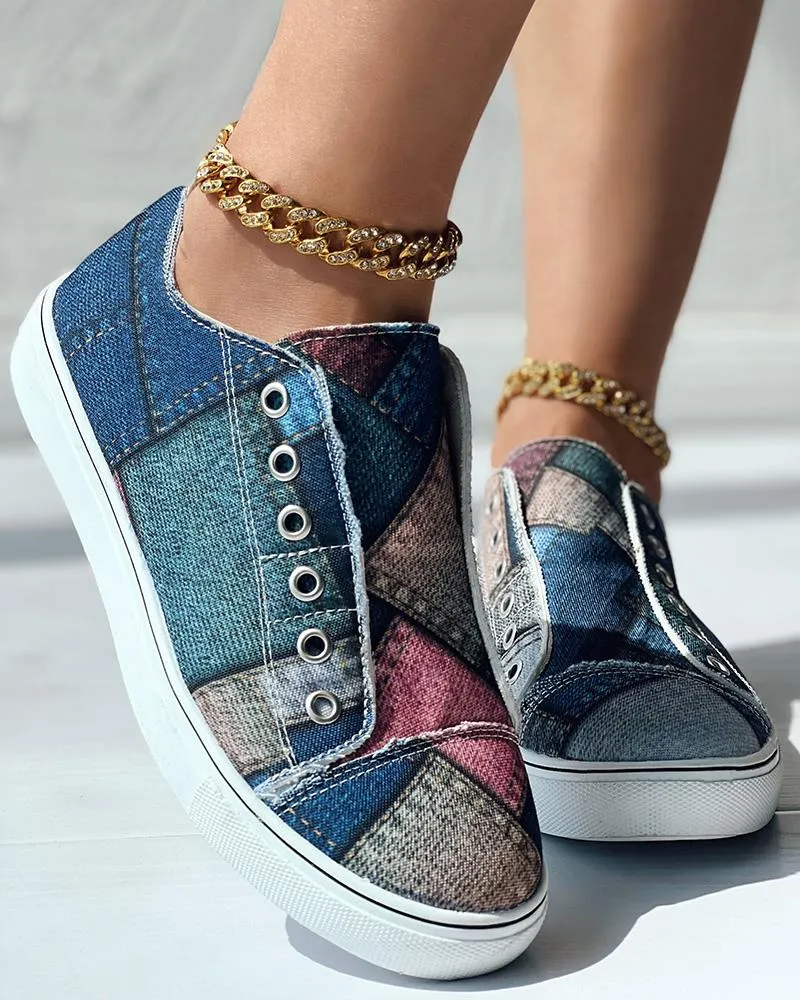 Denim Look Print Eyelet Slip on Sneakers