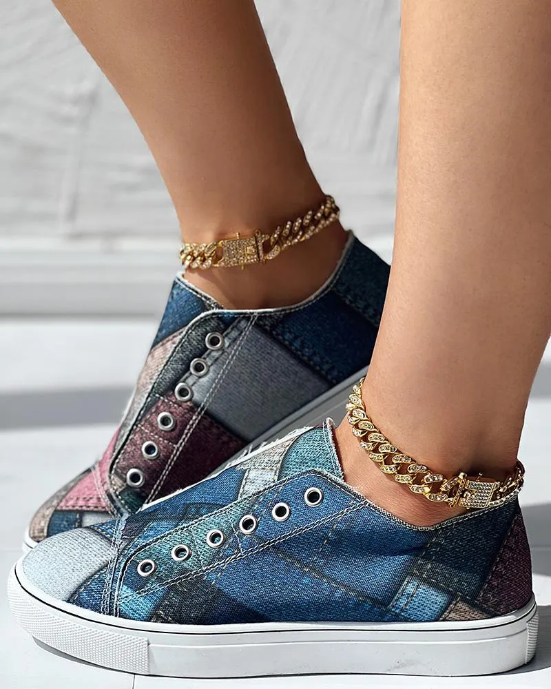 Denim Look Print Eyelet Slip on Sneakers