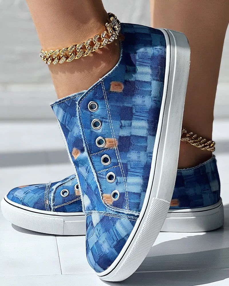 Denim Look Print Slip on Eyelet Sneakers