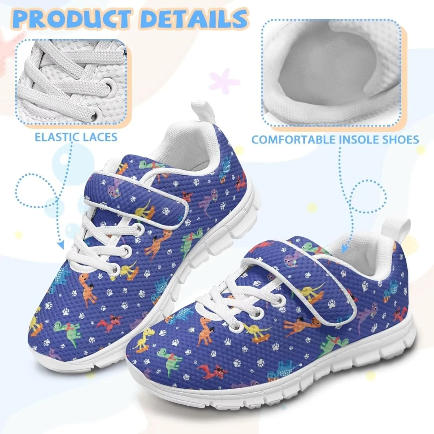 Dinosaur Print Boys Athletic Running Sneakers for Kids Hook & Loop Hiking Sneaker Fitness Shoes