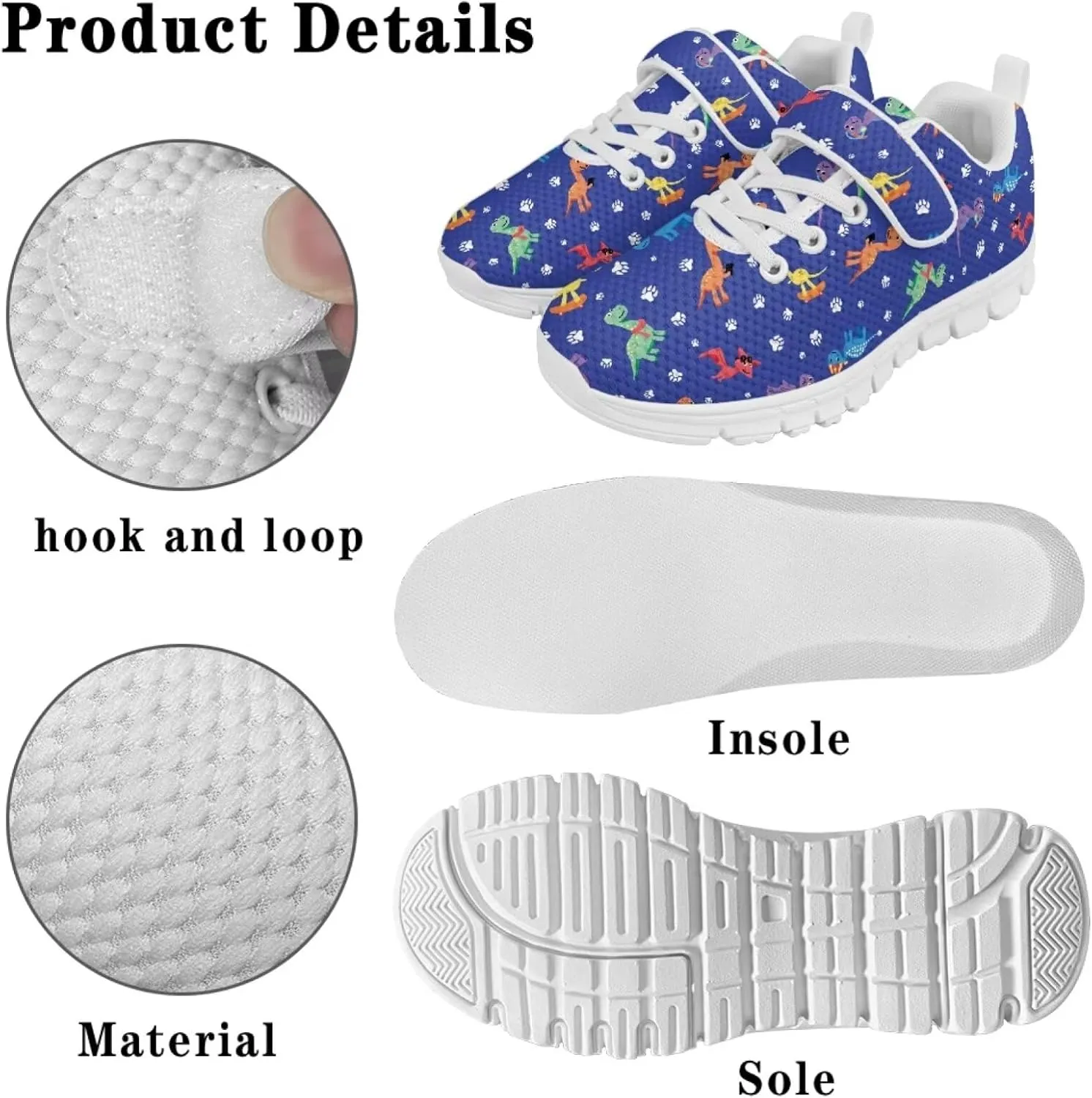 Dinosaur Print Boys Athletic Running Sneakers for Kids Hook & Loop Hiking Sneaker Fitness Shoes