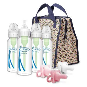 Dr. Brown's Anti-Colic Options  Baby Bottles (4 Pack), Bottle Tote (Multicolor), and Happy Paci (Light Pink, 3pk) Bundle