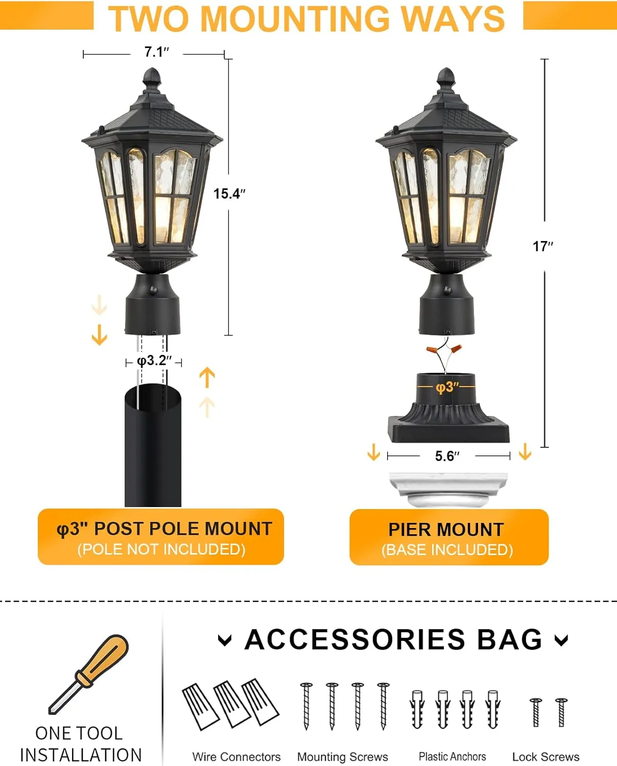 Dusk to Dawn Post Light Outdoor 2 Pack, 17''H Outdoor Lamp Post Light with Pier Mount Adapter,Waterproof IP65 Classic Die Cast Aluminum with Water Ripple Glass, Matte Black…