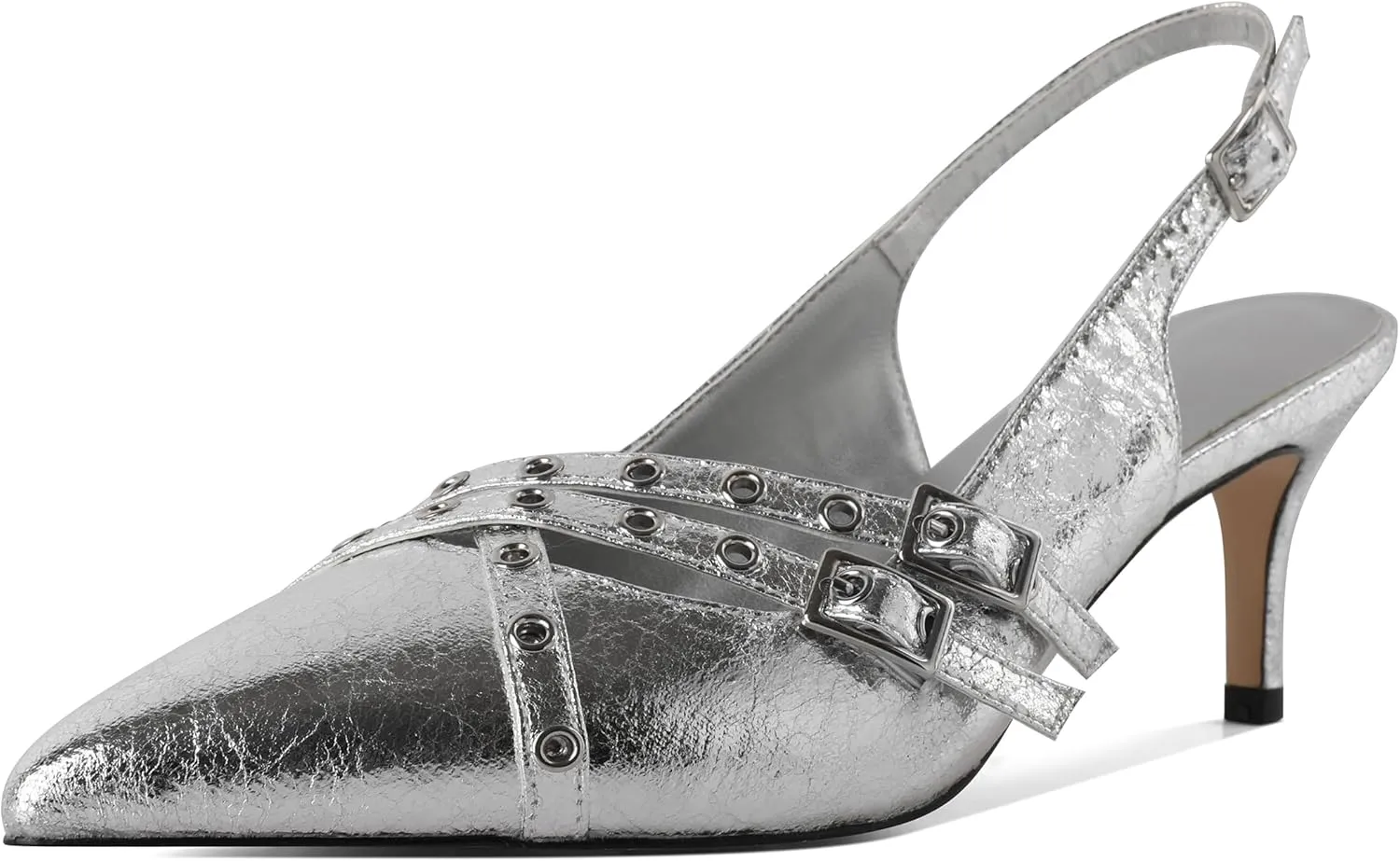Eldof Women Slingback Heels Buckle Strap Pointed Toe Slip On Kitten Heel Pumps Shoes Dressy Studded Eyelet 2.5 Inches