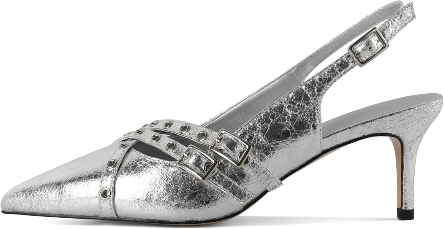 Eldof Women Slingback Heels Buckle Strap Pointed Toe Slip On Kitten Heel Pumps Shoes Dressy Studded Eyelet 2.5 Inches