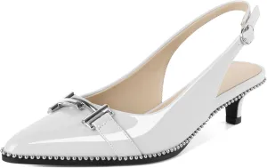 Eldof Womens Kitten Heel Pumps Pointed Toe Slingback Beaded Pumps Shoes Women Dress Low Heels with Silver Buckle 1.5 Inches