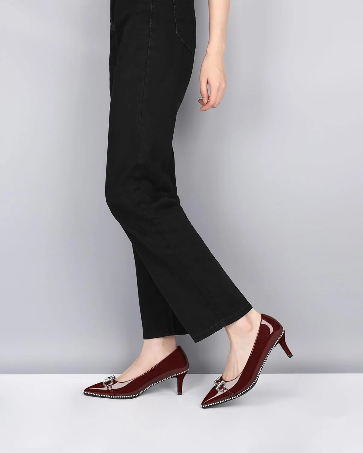 Eldof Women's Kitten Heel Pumps Pointed Toe Slip On Buckle Strap Low Heel Beaded Pumps Shoes2.5 Inches