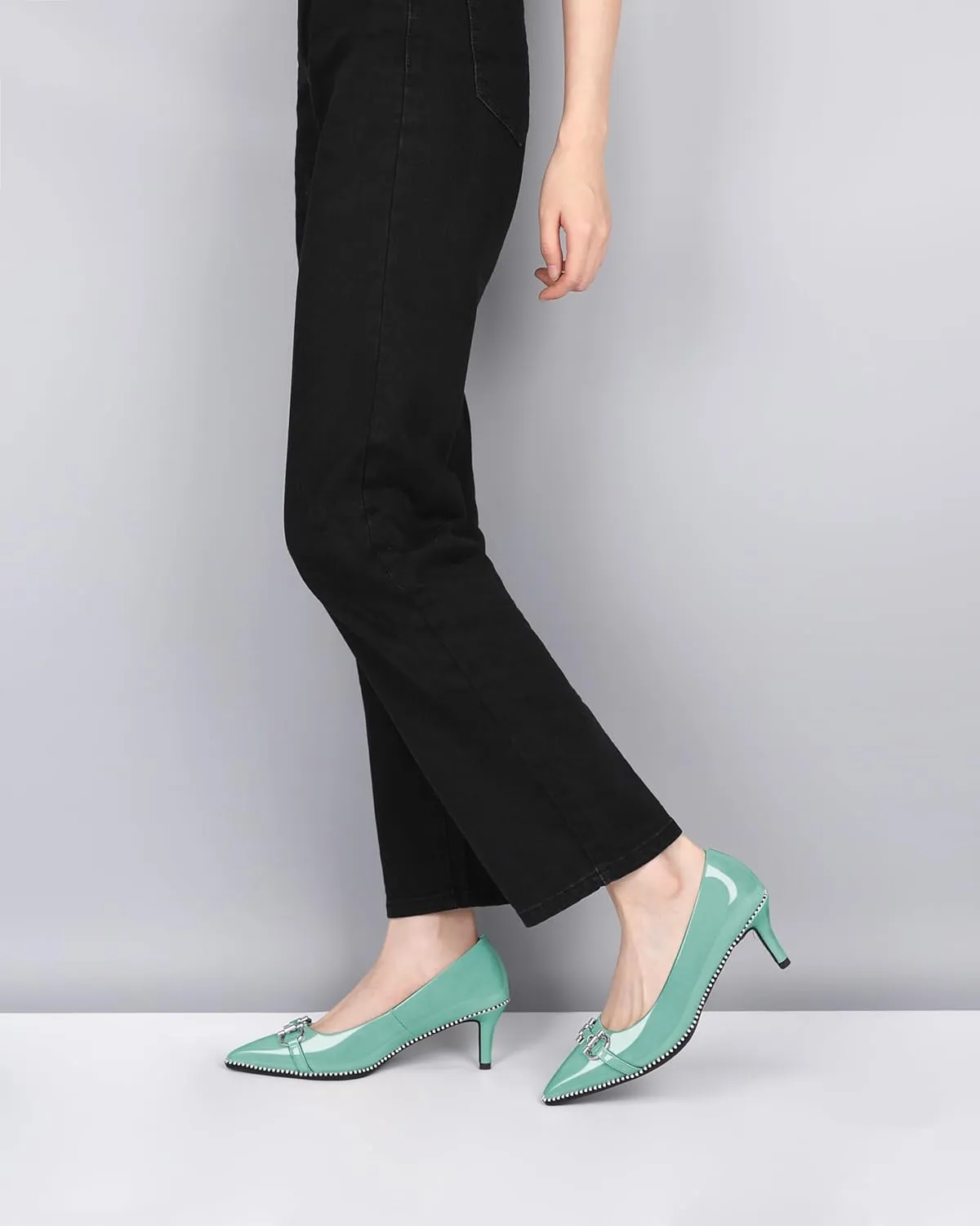 Eldof Women's Kitten Heel Pumps Pointed Toe Slip On Buckle Strap Low Heel Beaded Pumps Shoes2.5 Inches