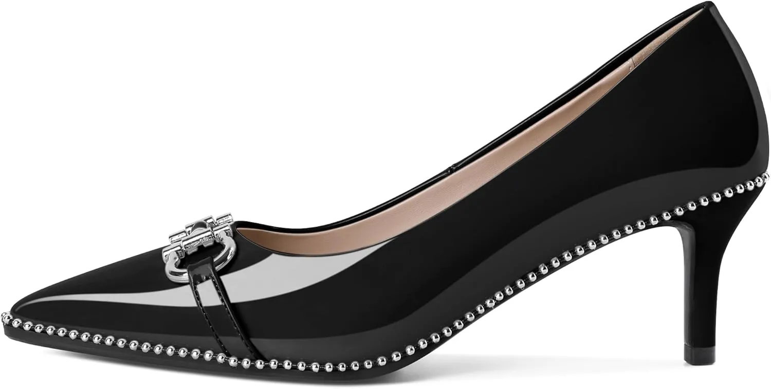 Eldof Women's Kitten Heel Pumps Pointed Toe Slip On Buckle Strap Low Heel Beaded Pumps Shoes2.5 Inches