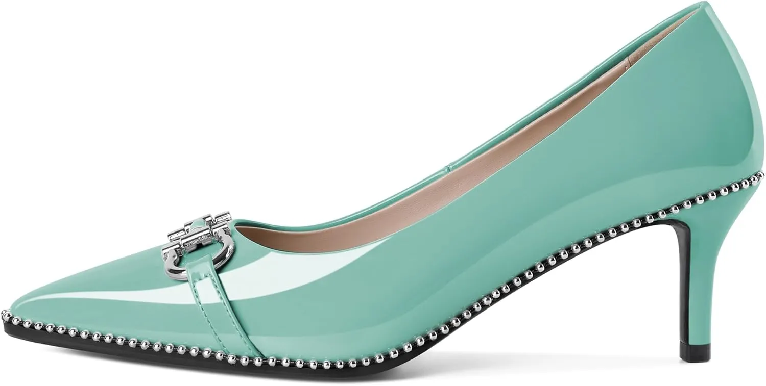 Eldof Women's Kitten Heel Pumps Pointed Toe Slip On Buckle Strap Low Heel Beaded Pumps Shoes2.5 Inches