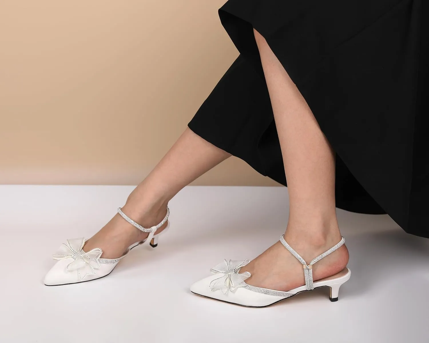 Eldof Women's Rhinestone Bow Heels Sparkly Ankle Strap Closed Pointed Toe Kitten Low Heel Pumps 1.5 Inches