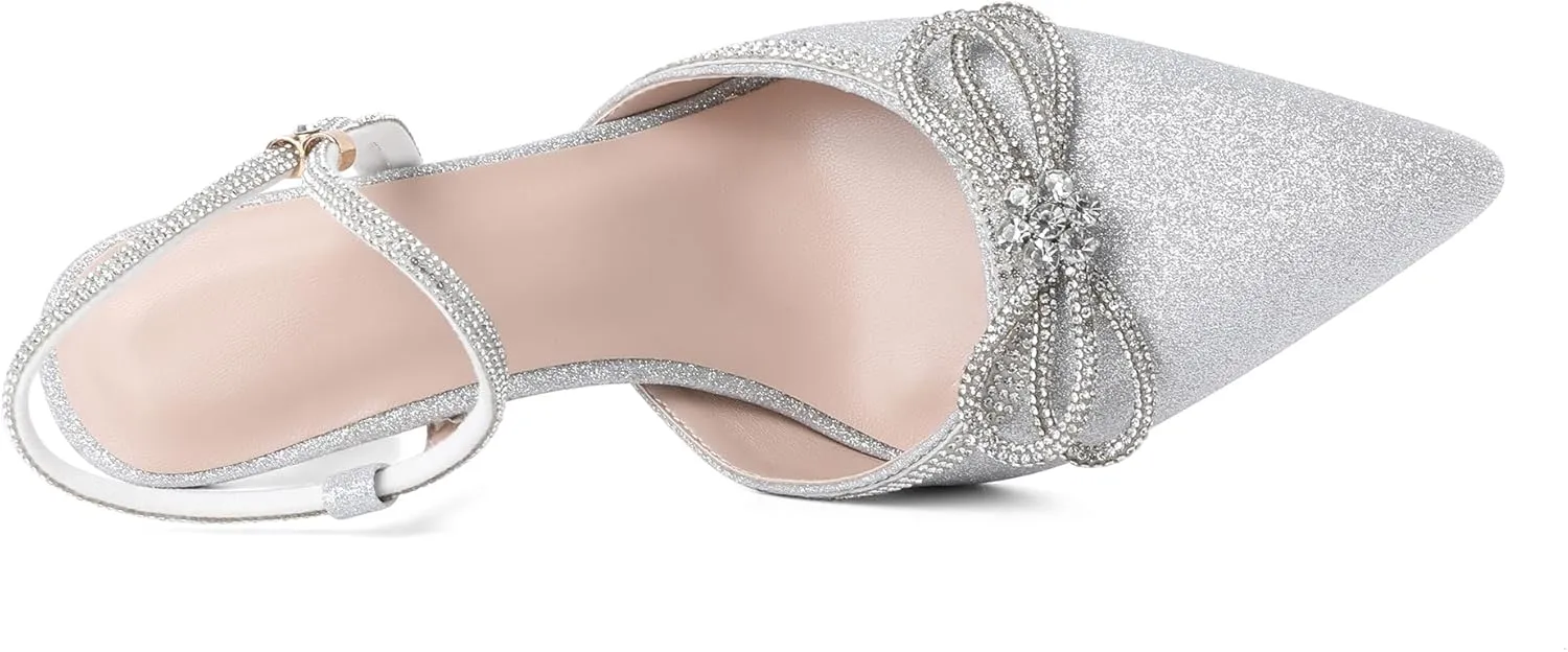 Eldof Women's Rhinestone Bow Heels Sparkly Ankle Strap Closed Pointed Toe Kitten Low Heel Pumps 1.5 Inches