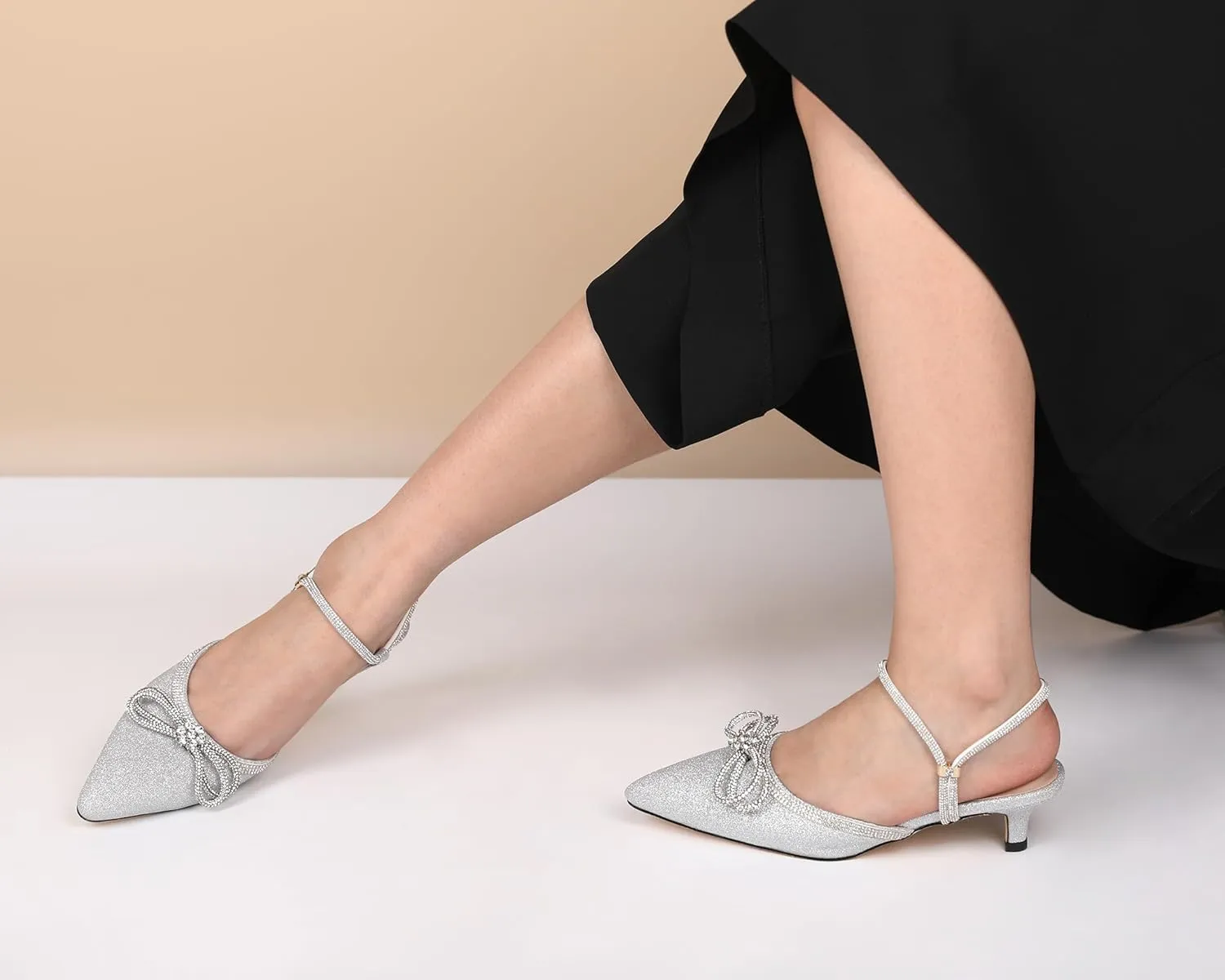 Eldof Women's Rhinestone Bow Heels Sparkly Ankle Strap Closed Pointed Toe Kitten Low Heel Pumps 1.5 Inches