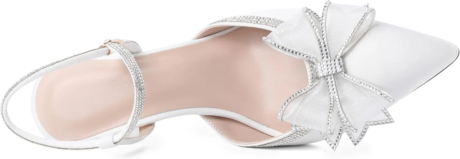 Eldof Women's Rhinestone Bow Heels Sparkly Ankle Strap Closed Pointed Toe Kitten Low Heel Pumps 1.5 Inches