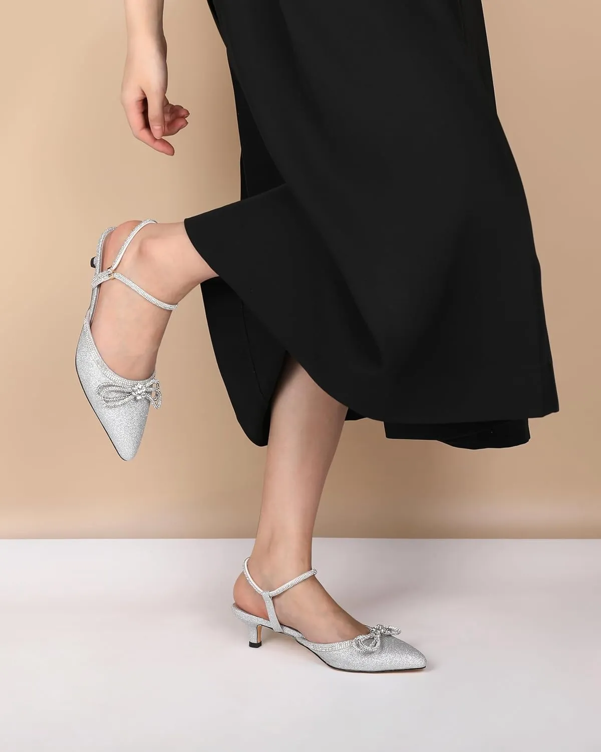 Eldof Women's Rhinestone Bow Heels Sparkly Ankle Strap Closed Pointed Toe Kitten Low Heel Pumps 1.5 Inches