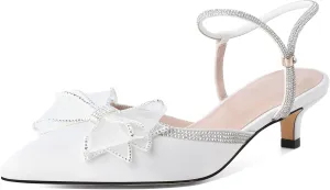 Eldof Women's Rhinestone Bow Heels Sparkly Ankle Strap Closed Pointed Toe Kitten Low Heel Pumps 1.5 Inches