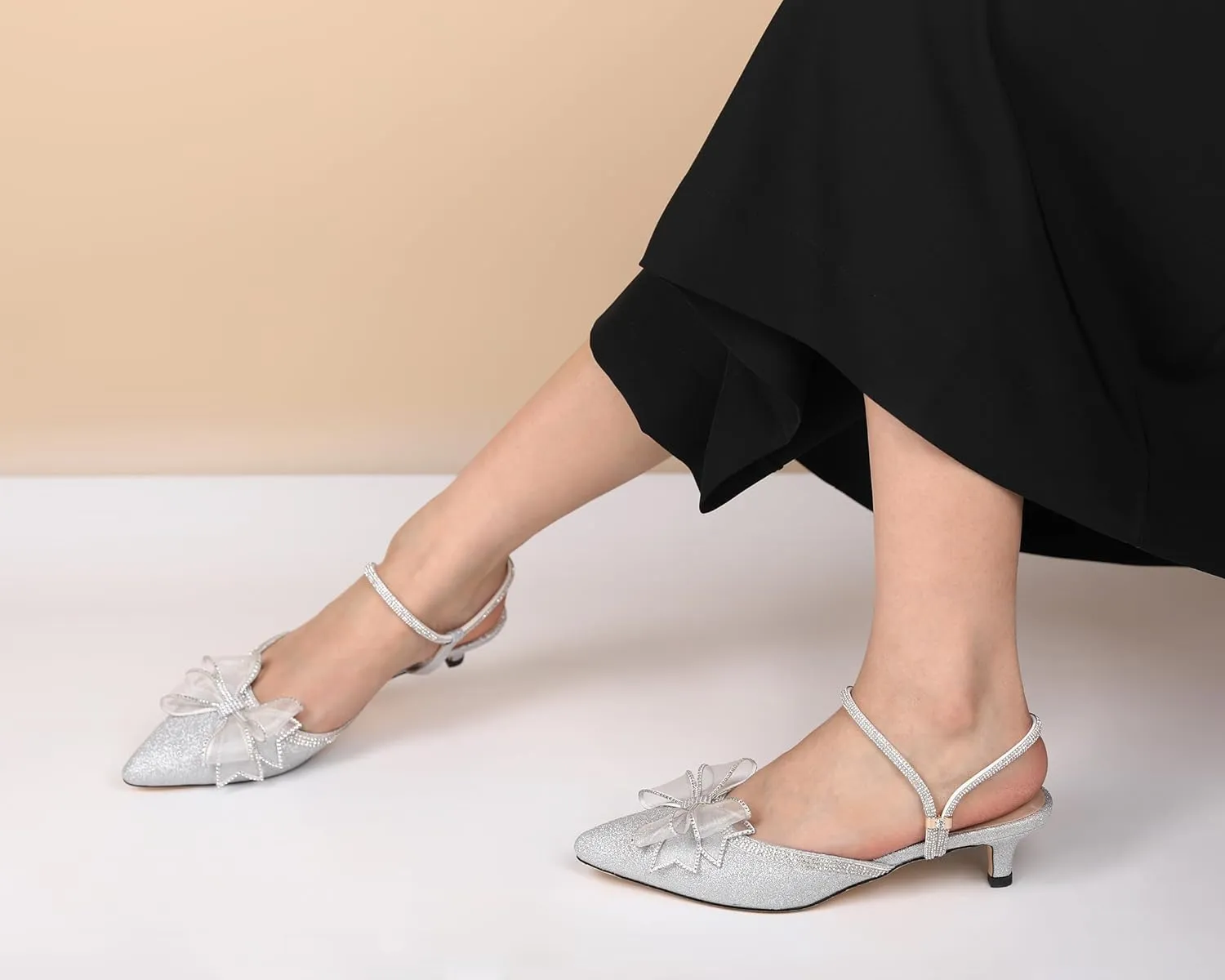 Eldof Women's Rhinestone Bow Heels Sparkly Ankle Strap Closed Pointed Toe Kitten Low Heel Pumps 1.5 Inches