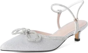 Eldof Women's Rhinestone Bow Heels Sparkly Ankle Strap Closed Pointed Toe Kitten Low Heel Pumps 1.5 Inches