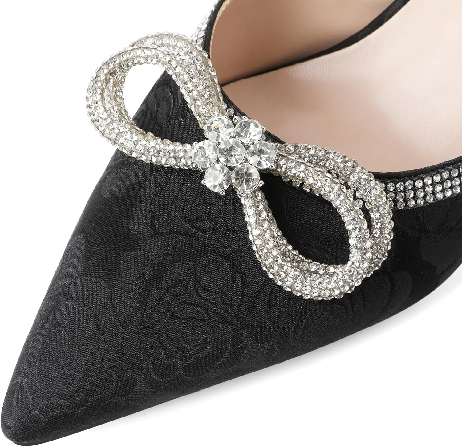 Eldof Women's Rhinestone Bow Heels Sparkly Ankle Strap Closed Pointed Toe Kitten Low Heel Pumps 1.5 Inches