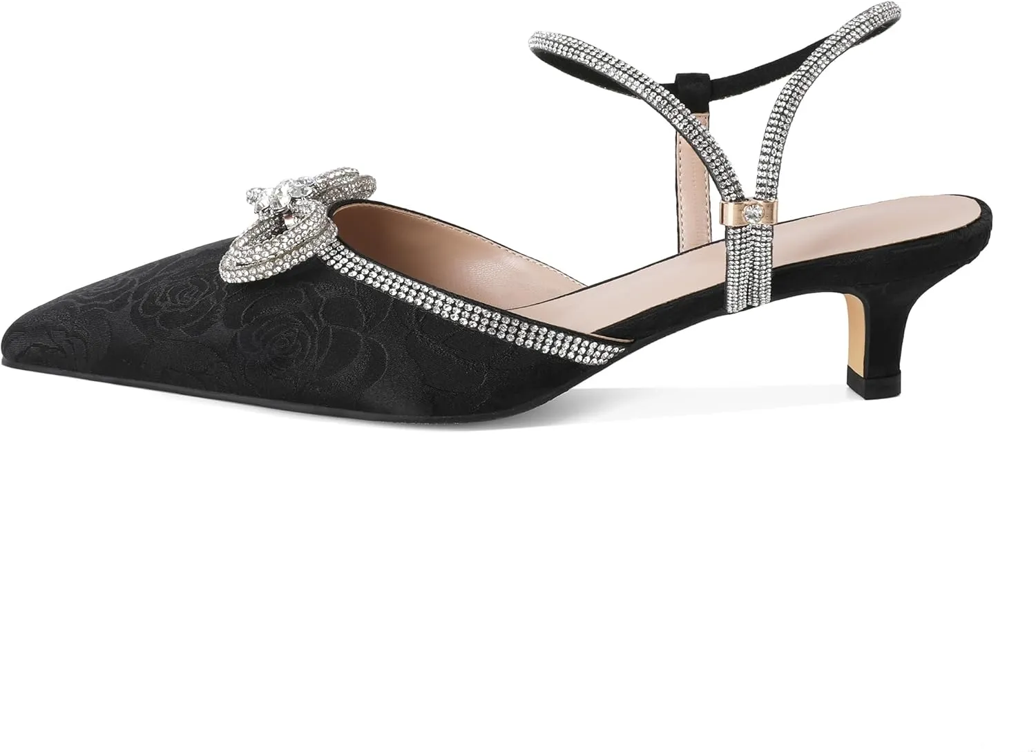 Eldof Women's Rhinestone Bow Heels Sparkly Ankle Strap Closed Pointed Toe Kitten Low Heel Pumps 1.5 Inches