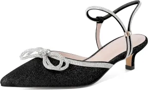Eldof Women's Rhinestone Bow Heels Sparkly Ankle Strap Closed Pointed Toe Kitten Low Heel Pumps 1.5 Inches
