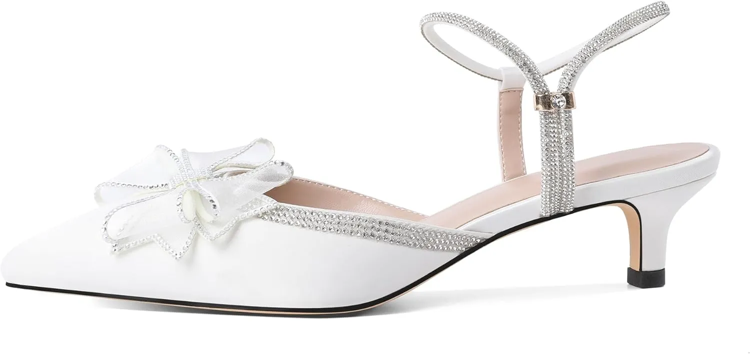 Eldof Women's Rhinestone Bow Heels Sparkly Ankle Strap Closed Pointed Toe Kitten Low Heel Pumps 1.5 Inches